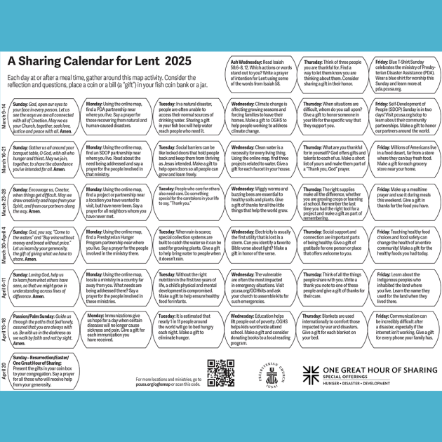 Sharing Calendar OGHS25 Presbyterian Church (U.S.A.)